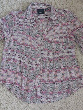 Maeve Anthropologie Womens Blouse SM Petite Pink Black Print Button Front Boho